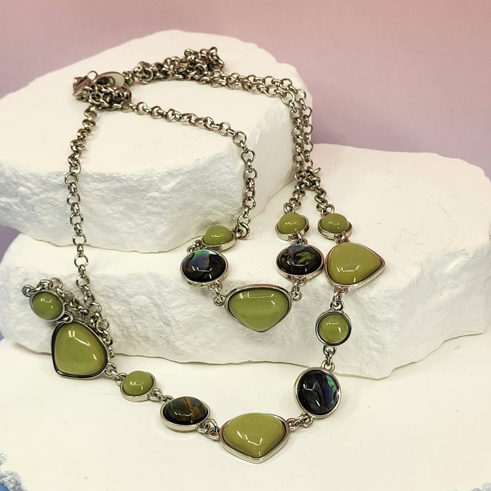 Charming Charlie Silver Tone Green Iridescent Cabochon Double Strand Necklace